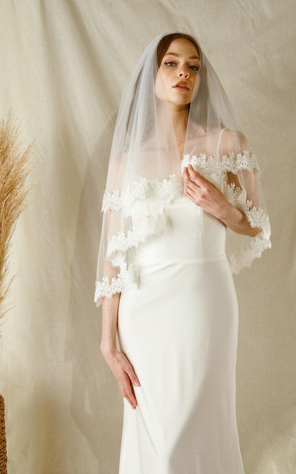 Short Waist Wedding Botanical Embroidery Bridal Veil - The Dress Outlet