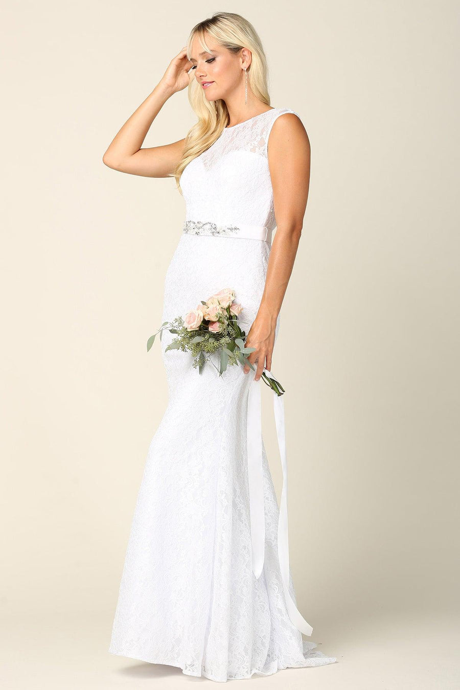 Simple Long Cap Sleeve Belted Lace Wedding Dress - The Dress Outlet