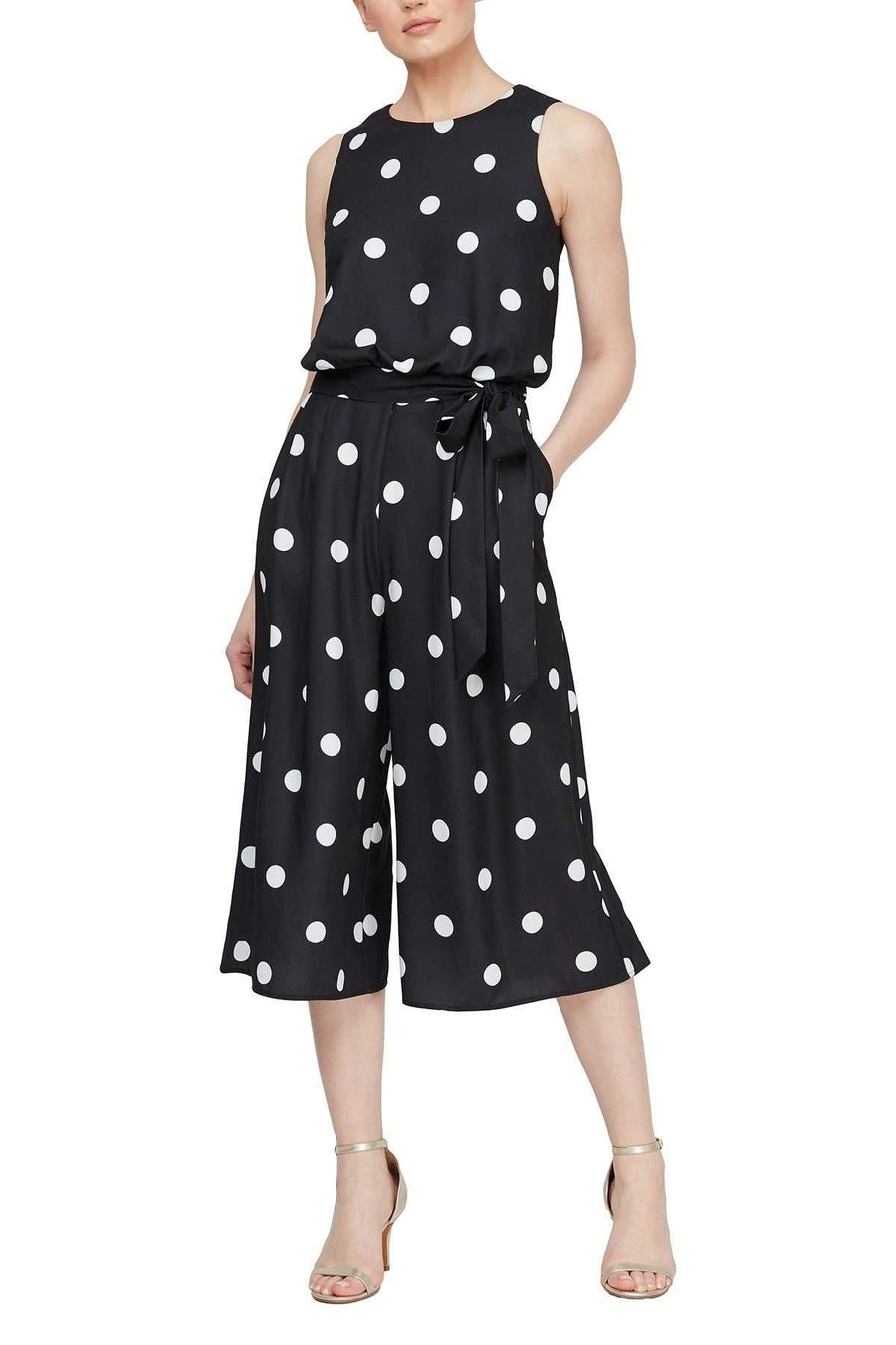 SL Fashions Polka Dot Blouson Cropped Jumpsuit - The Dress Outlet