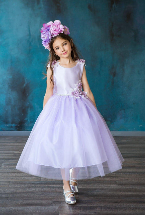 Sleeveless Floral Tea Length Flower Girl Dress