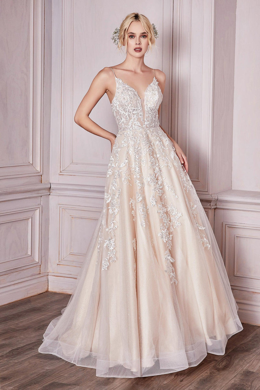 Spaghetti Strap Lace Applique Wedding Dress - The Dress Outlet