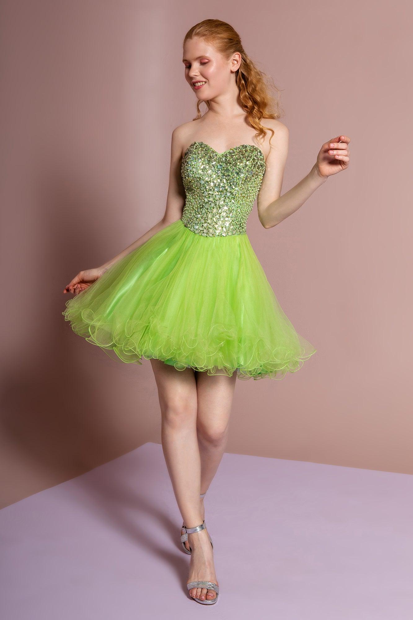 Lime Green Strapless Short Prom Dresses