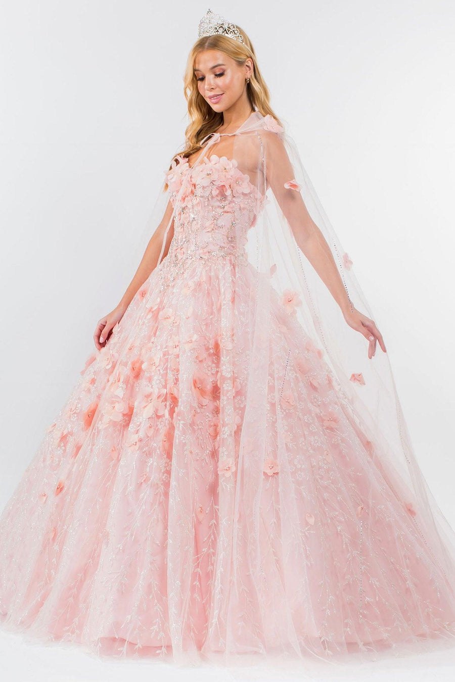 Strapless with Mesh Cape Quinceanera Dress - The Dress Outlet