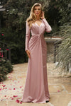 Stretch Long Sleeve Wrap Formal Dress Dark Mauve