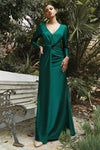 Stretch Long Sleeve Wrap Formal Dress Emerald