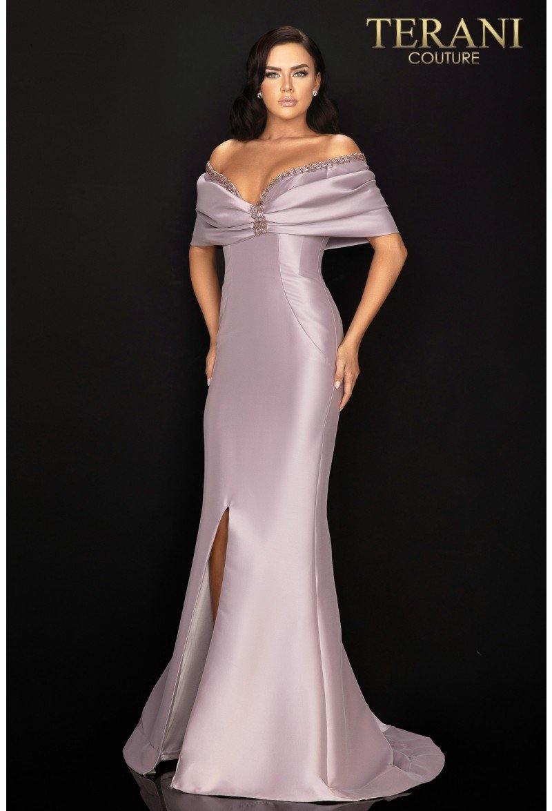 Terani Couture Mikado Off Shoulder Long Formal Gown 2011M2138 - The Dress Outlet