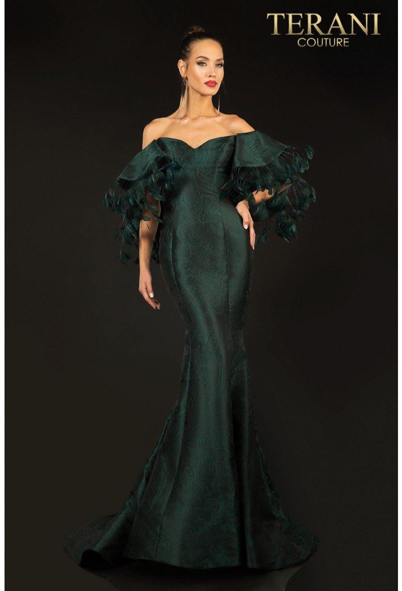 Terani Couture Off Shoulder Feather Trim Evening Gown 2021E2796 - The Dress Outlet