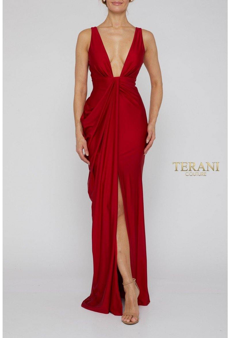 Terani Couture Sexy-Side Draped Grecian Long Gown 1921E0121 - The Dress Outlet