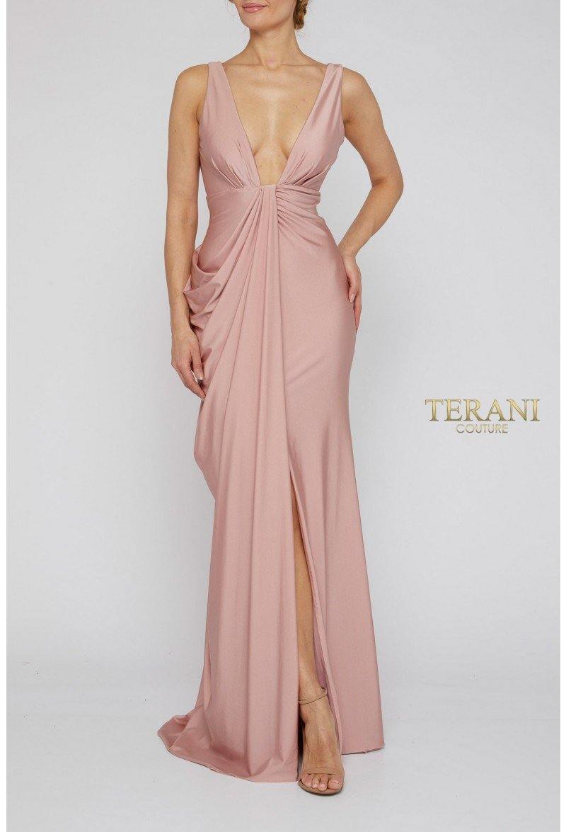 Terani Couture Sexy-Side Draped Grecian Long Gown 1921E0121 - The Dress Outlet