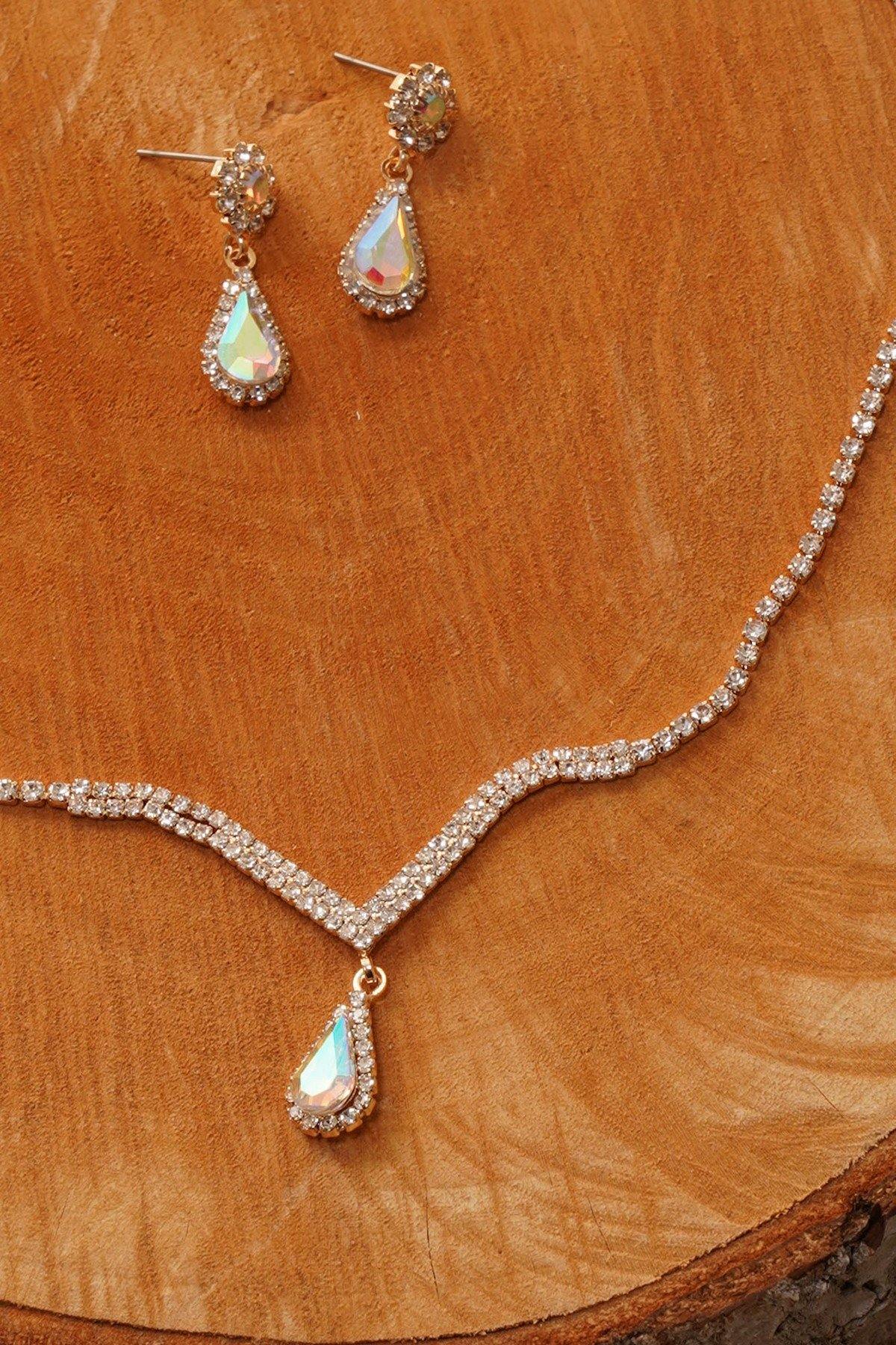 Wedding Clear Diamante Teardrop Bridal Necklace Set - The Dress Outlet